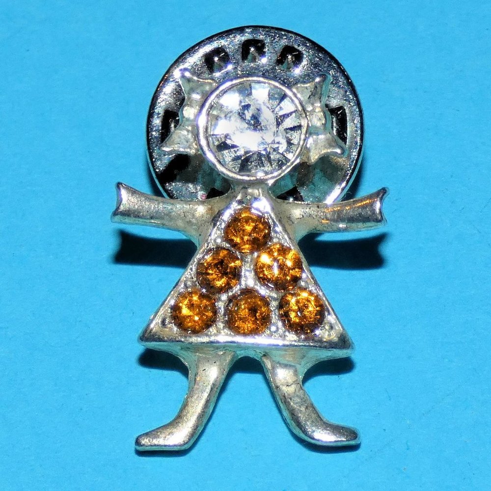 Vintage Signed USA KIS Girl Brooch Pin K.I.S. Child Dress Silver Tone Rhinestone